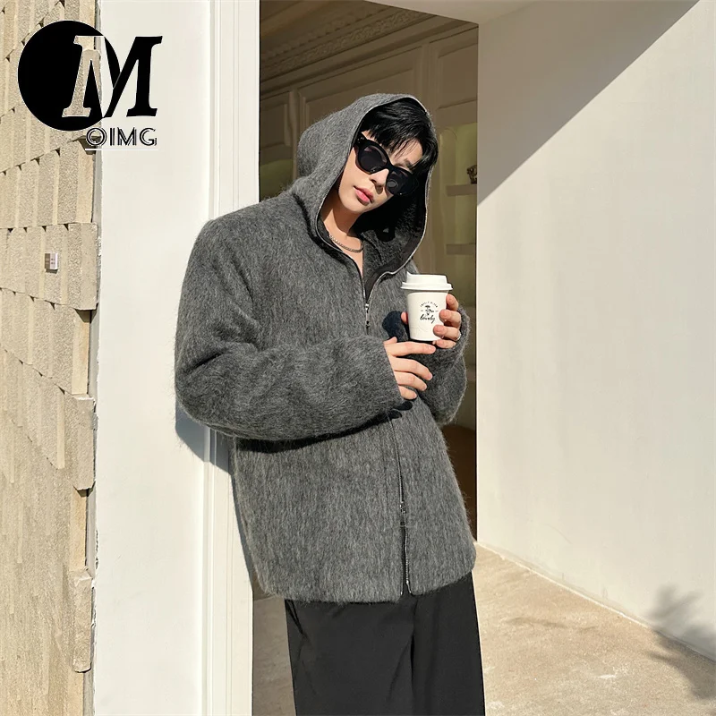 [OIMG] Moda coreana cinza mohair cardigan mistura de lã casual solto encaixe com capuz suéter de malha