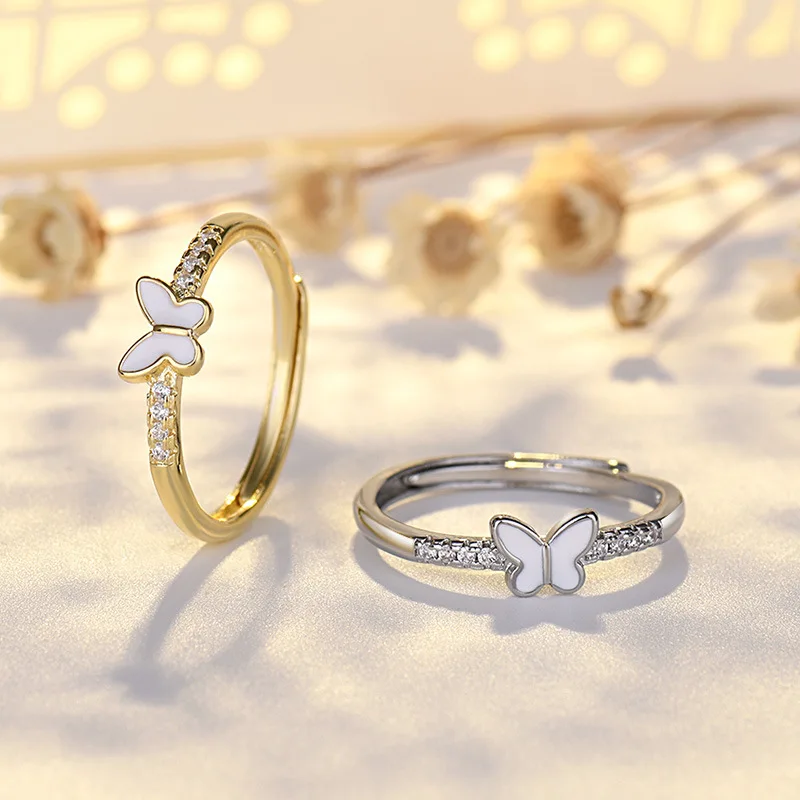 Sweet Butterfly Ring Adjustable Joint Simple Open Style Pure Silver Electroplated Fashionable Geometric Ring for Besties