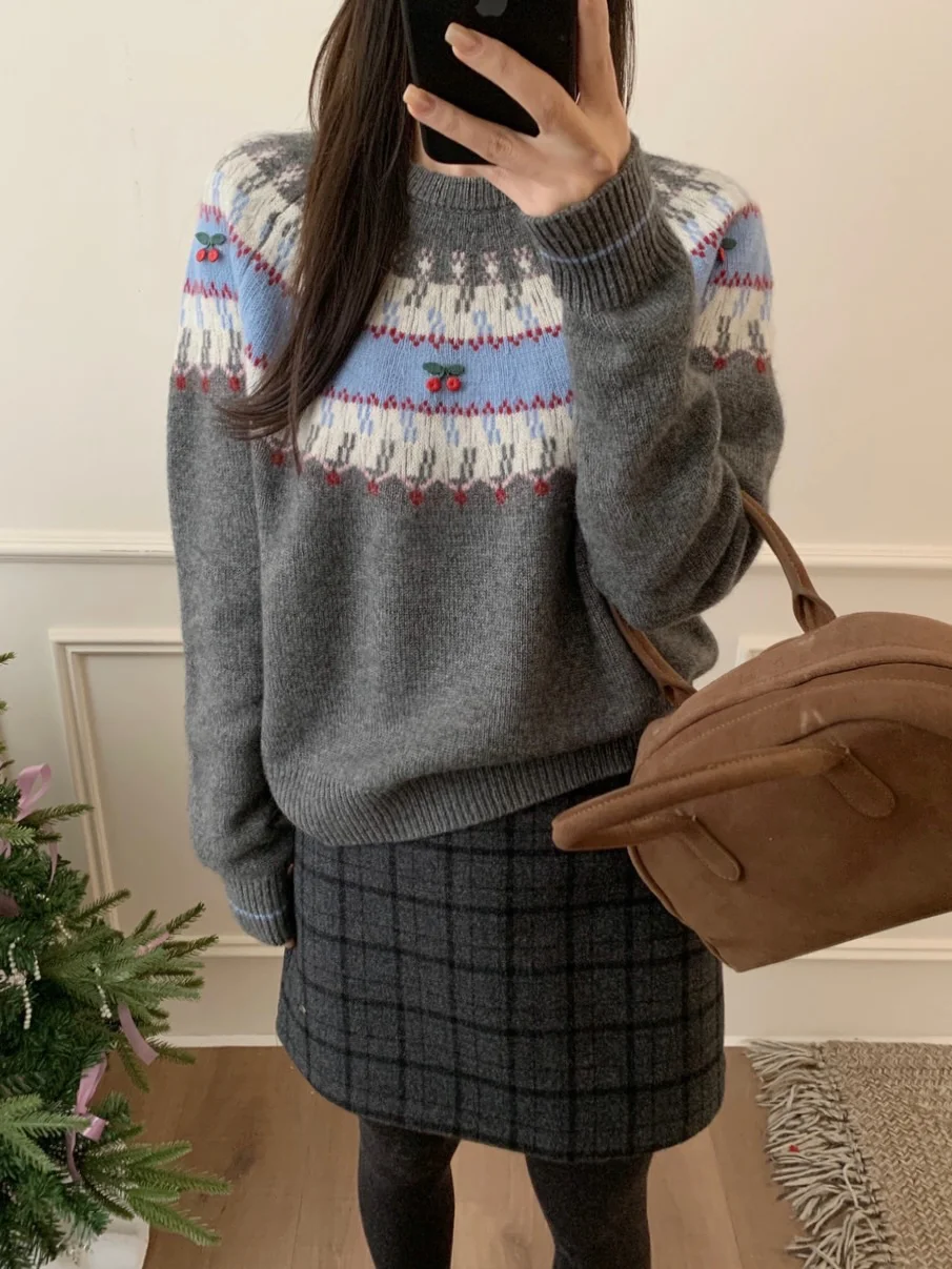 

Warm Cherry Embroidery Alpaca Wool Sweater Forest Cottage Sle Vintage Loose Fit Women's Faion Autumn Winter Versatile Top