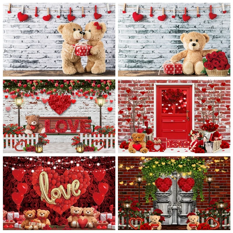 

Love Toy Bear February 14 Valentine's Day Backdrop Photography Sweet Rose Flower Wedding Couple Portrait Background Photo Studio