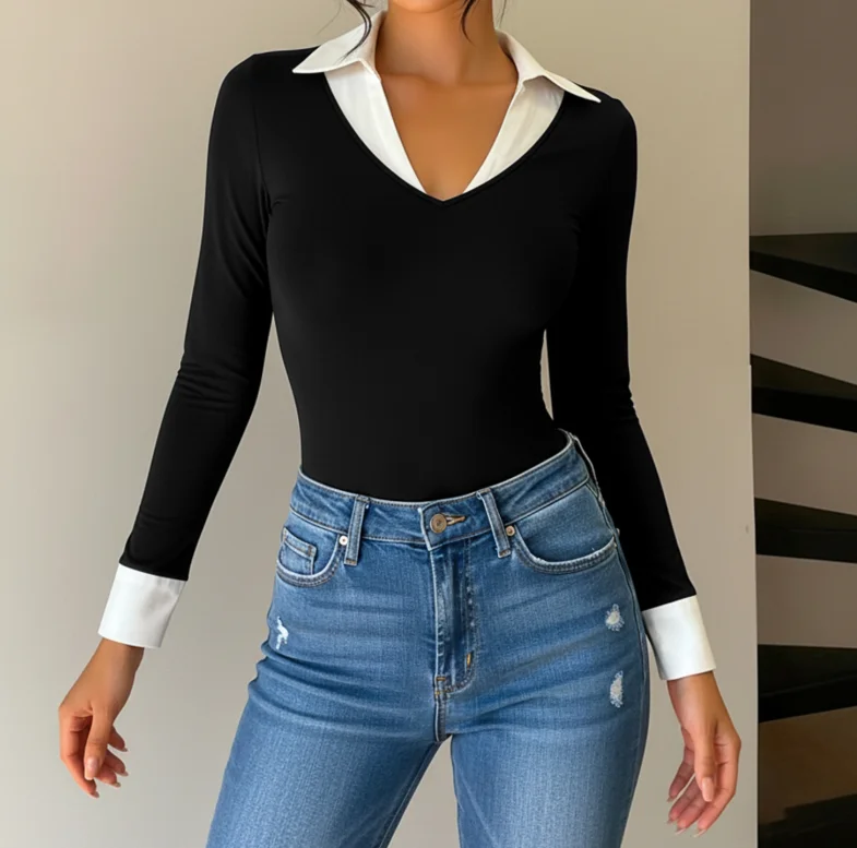 

Autumn New Black and White Contrasting Patchwork Lapel Slim Fit Jumpsuit for Women, Fashionable and Sexy Tight Fitting Jumpsuit