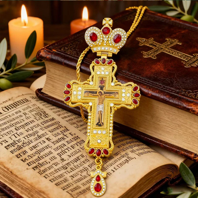 Gold-Plated Orthodox Pectoral Cross Necklace Blue Crystal Inlay with Crucifix Icon Premium Priest Liturgical Jewelry for Church