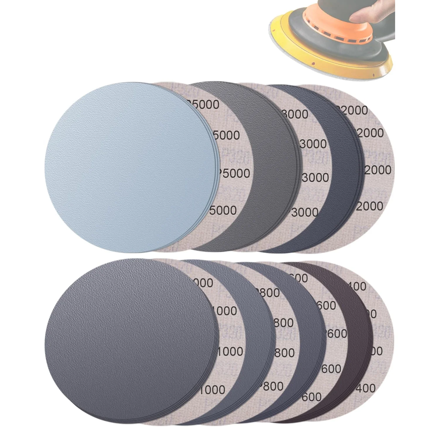 70 pcs 5-inch/125mm wet and dry sandpaper discs with hook and loop, grit sizes 5000, 3000, 2000, 1000, 800, 600, 400 fine