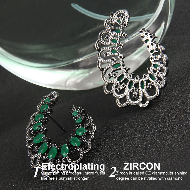 Brand Bulgaria AAA Zircon Black 2017 Women Branch Earrings Inlay Green Stone Gothic Punk Rock Big Stud Earrings Brincos AE494