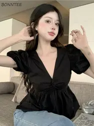 Backless Blouses Women Puff Sleeve Hotsweet Fashion Ulzzang Summer Ladies Temperament Solid All-match Vintage Casual Princess