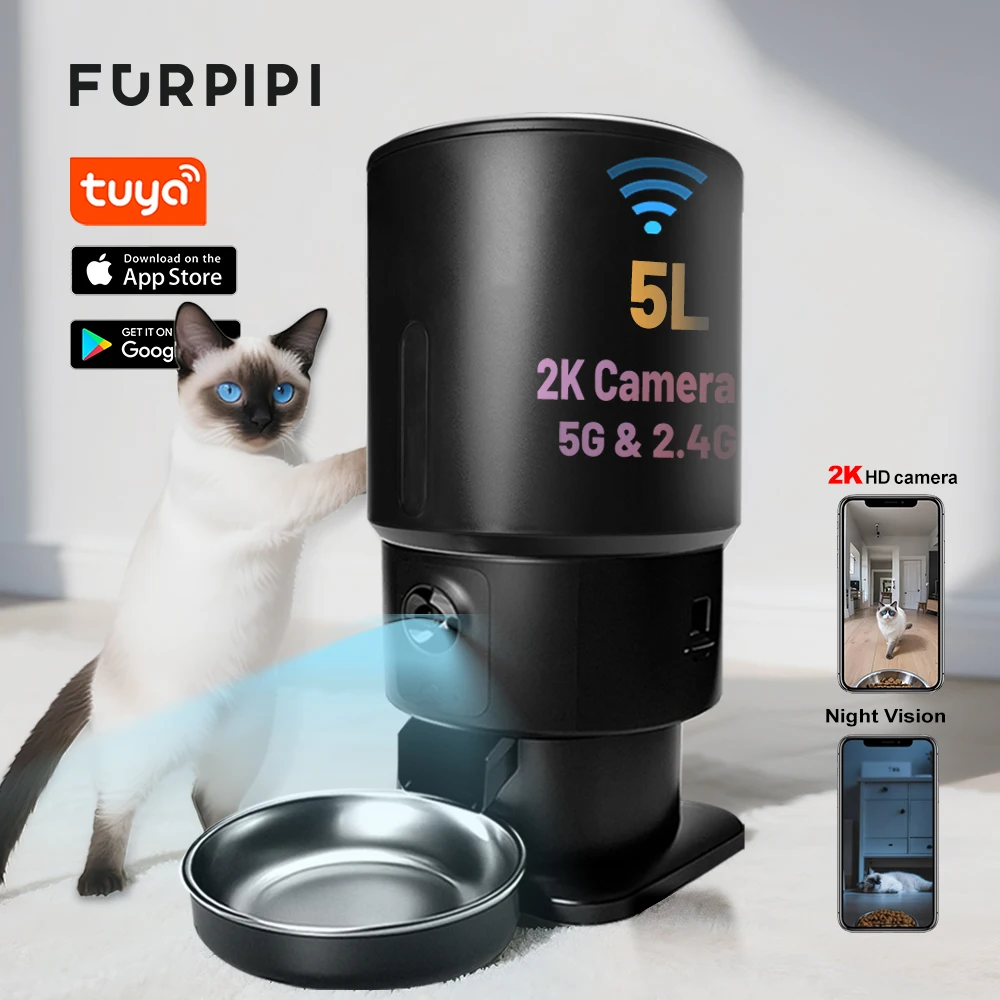 

Automatic Cat Feeder with Full HD Camera Night vision Furpipi 5G WiFi Tuya APP Control Timed Feeder for Cat Dog Food Dispenser