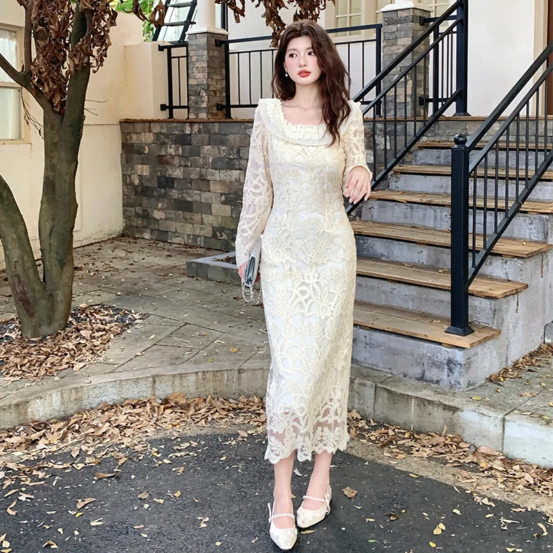 

Elegant Long Sleeve Dress Flounce Hem Bodycon Midi Dress Slim Fit Sexy Evening Dresses Spring Summer