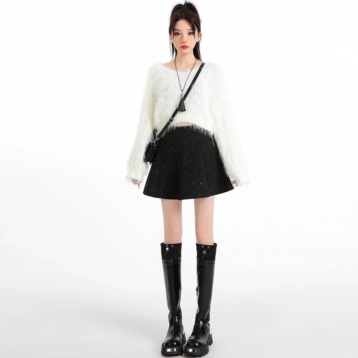 Y2K تنورة صوفية نسائية مطرزة ميدي عالية الخصر مطوي رقيق ألف خط تنورة قصيرة الخريف الشتاء