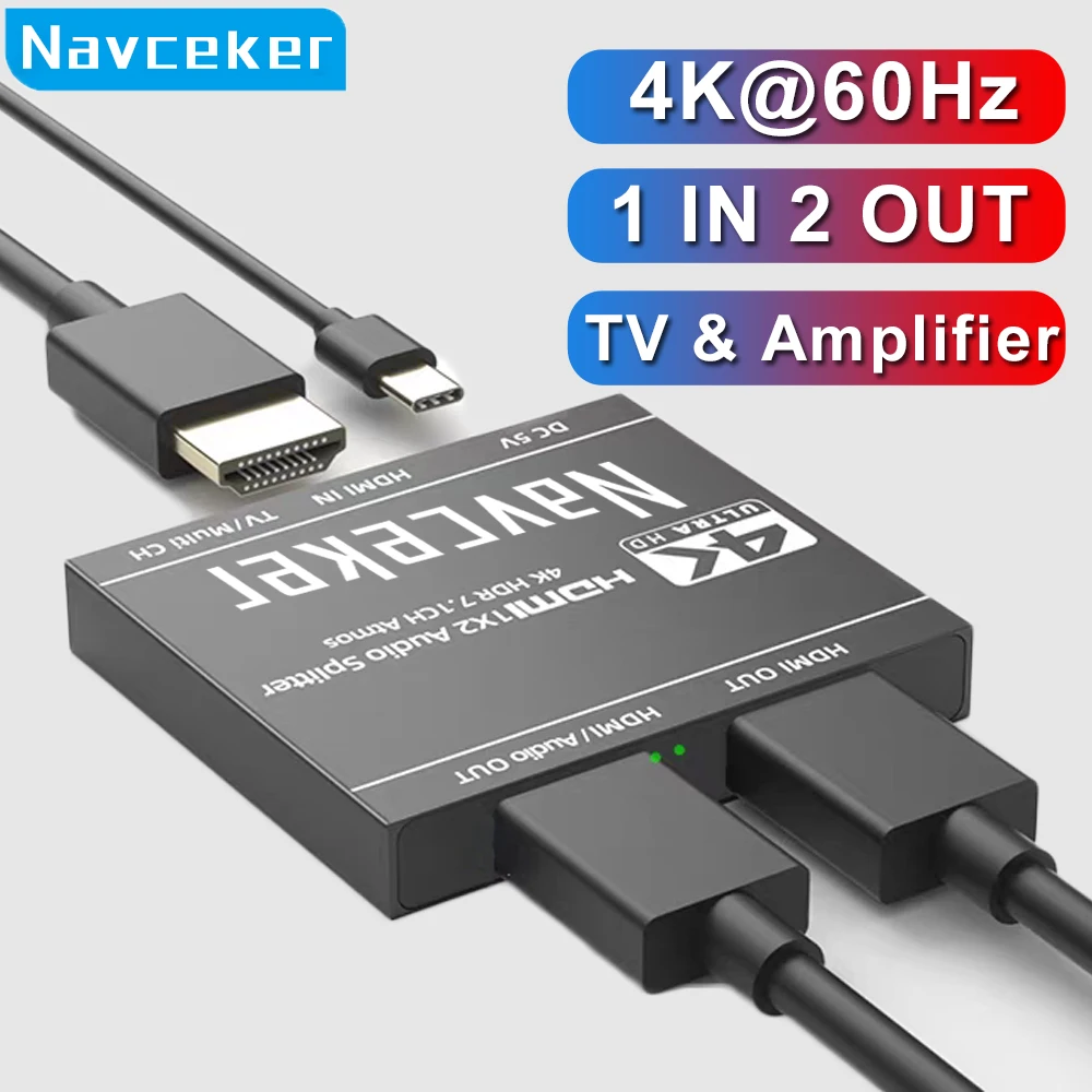 Navceker 4K HDMI Splitter 1 Input 2 Outputs Adapter HDMI Audio Extractor 1x2 Dual Monitor 1 to 2 Amplifier for HDTV DVD PS4 Xbox