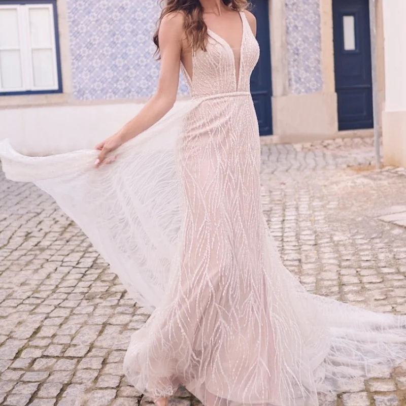 Brilhante simples marfim branco com decote em v espaguete recurso vestidos de casamento fenda de uma linha vestidos de noiva feitos personalizados