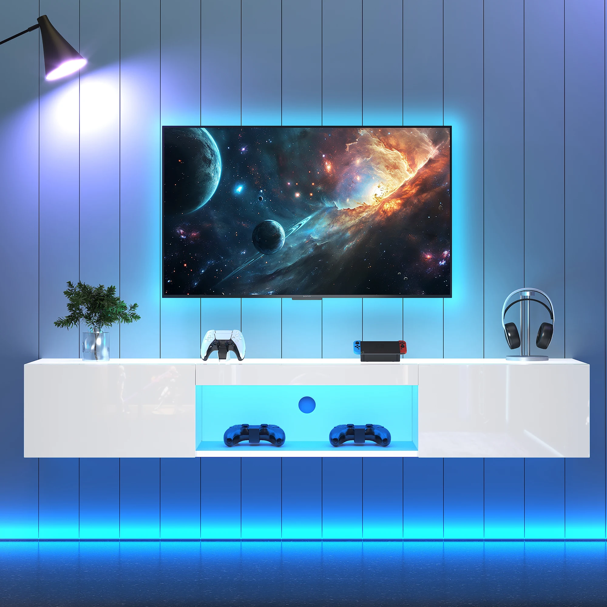 Armoire murale blanche brillante, charge 30kg, avec éclairage LED, contrôle par application Bluetooth, support mural pour TV 70 pouces, 160x31x22cm
