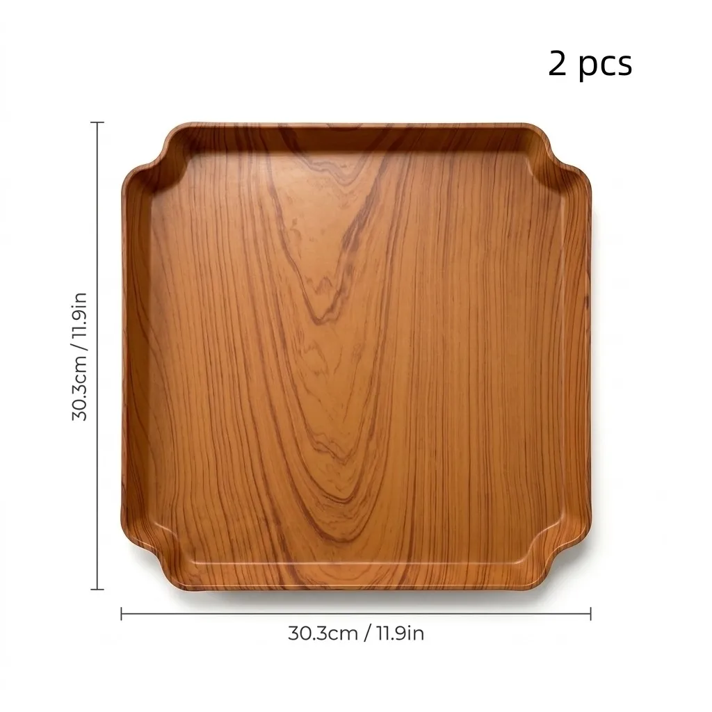 Houtenlook Plastic Serveerschaal, Stapelbaar, Vierkant, Decoratief, Voor Eten, Koffie, Thee, Ontbijt, Keukenopbergplank