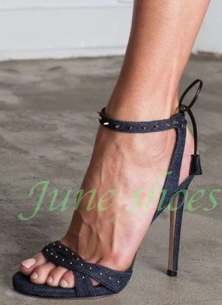 Women Dark Denim Open Toe Metal Studded Ankle Strap Stiletto High Heel Sandals Lace Up Back Cutout Hollow Summer Streetwear Size