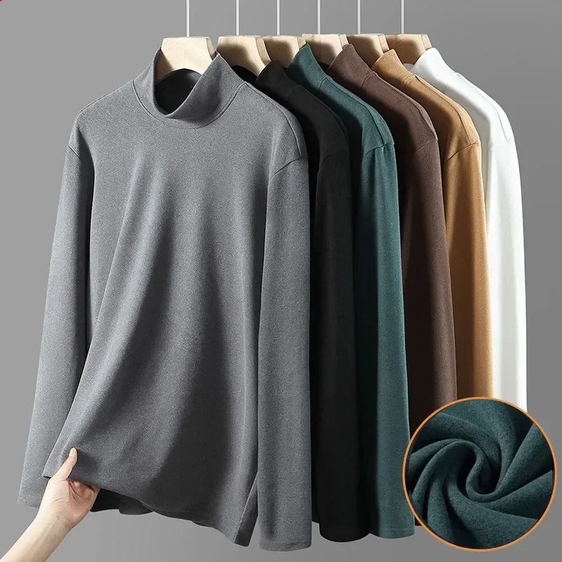 Men T-shirt Long Sleeve 2023 Autumn Winter Keep Warm Tees Solid Color Bottoming Shirt Half Turtleneck Male Casual Tops Pollovers