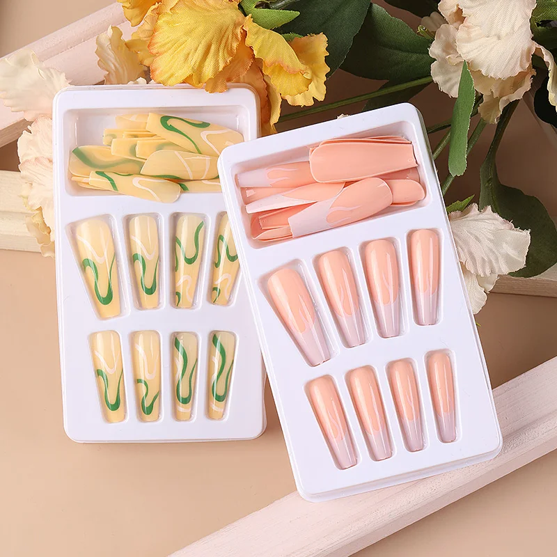 

PINPAI 24Pcs/Box With Decorations Long Coffin Fake False Nails Press On Artificial Tips Full Cover Detachable Finish Design Tips