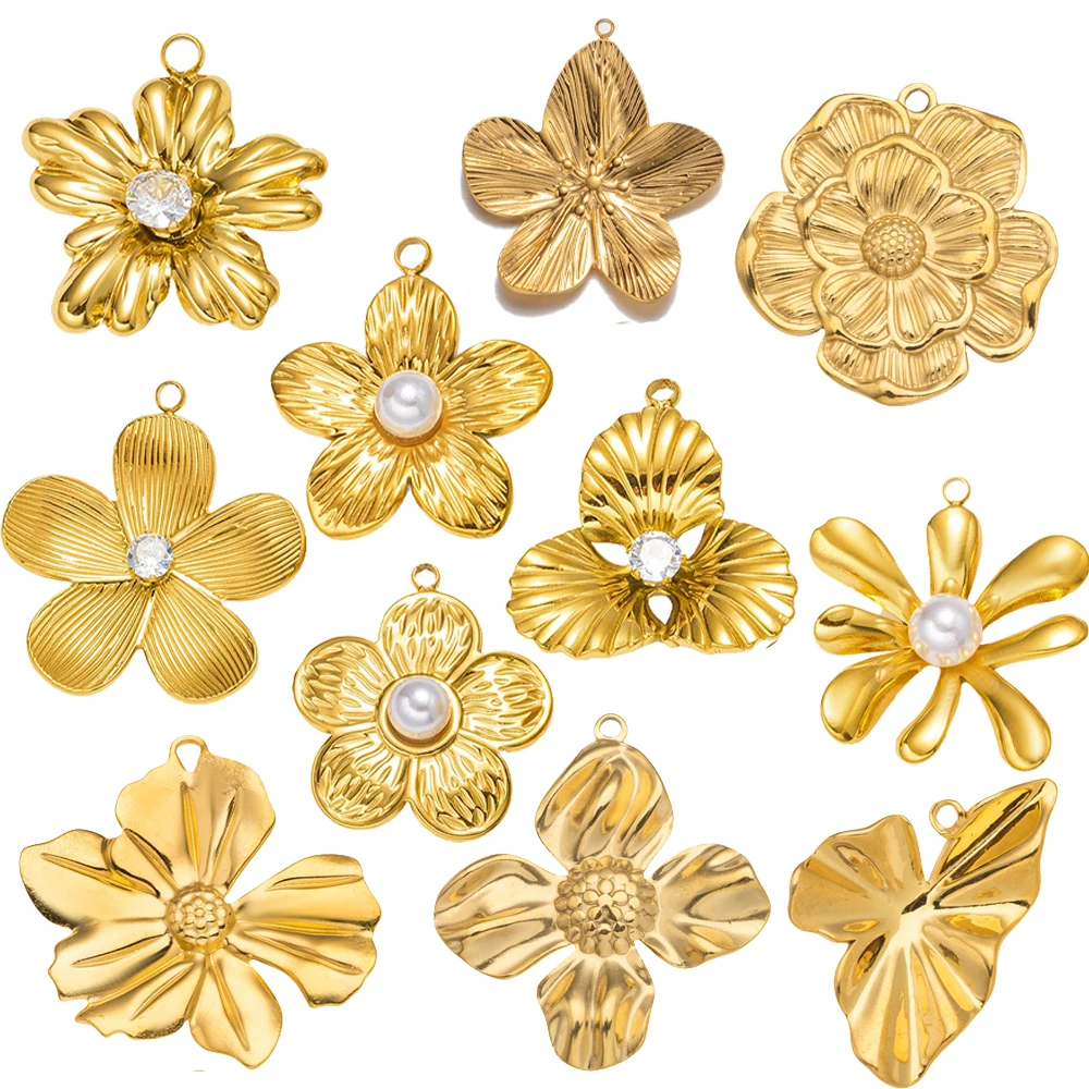 5pcs Gold Stainless Steel Flower Charms Metal Pearl Pendant for DIY Necklace Bracelet Jewelry Making and Crafting Wholesale Bulk