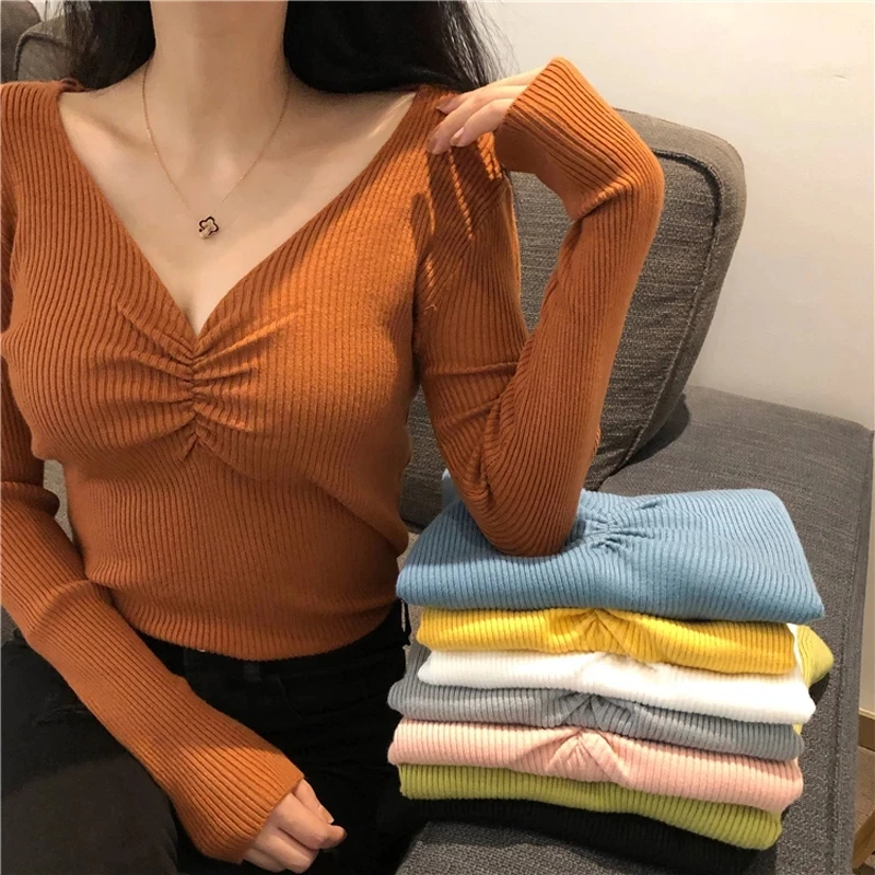 

Sexy V Neck Women Sweater Autumn Knitted Pullover Jumper Chic Soft Korean Slim Long Sleeve Female Basic Top New