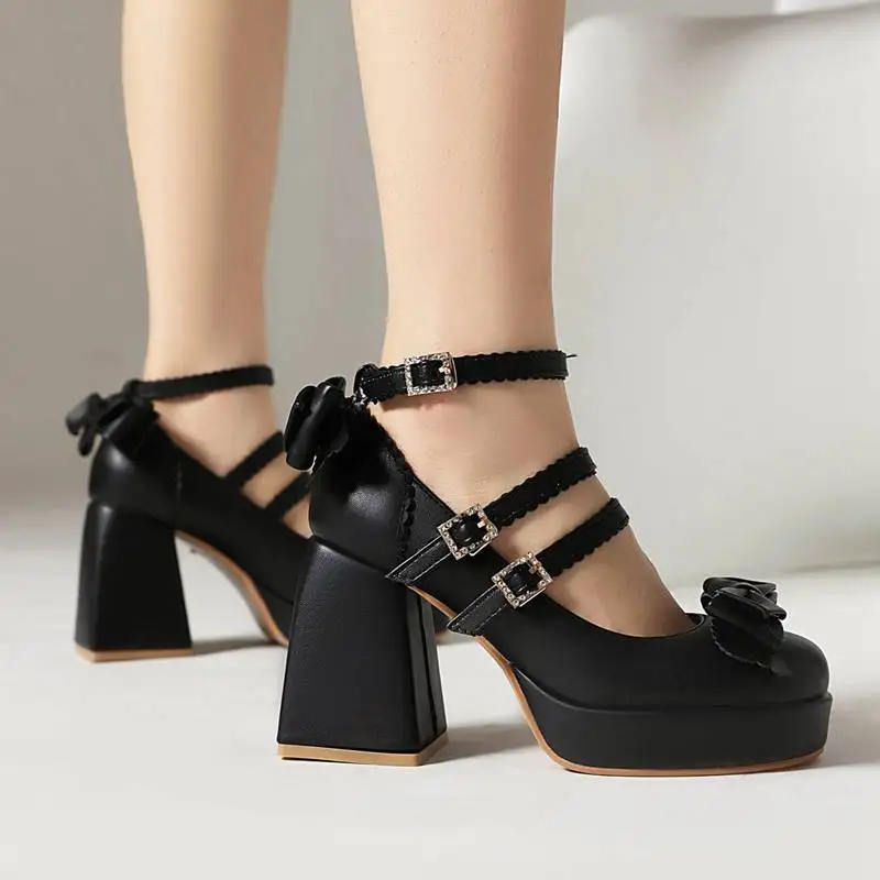 ORCHA LISA Mary Shoes For Women Round Toe Chunky Heel 9cm Platform Buckle Strap Bow Sweet Dating Pumps Big Size 44 45 46