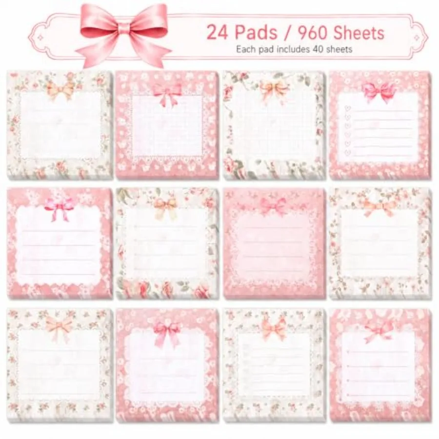 

Pad/ 960 Sheets Pink Coquette Bow Sticky Notes 3x3 Inch Cute Bow Sticky Note Pads Coquette Stuff Self Adhesive Pink Notepad Rem