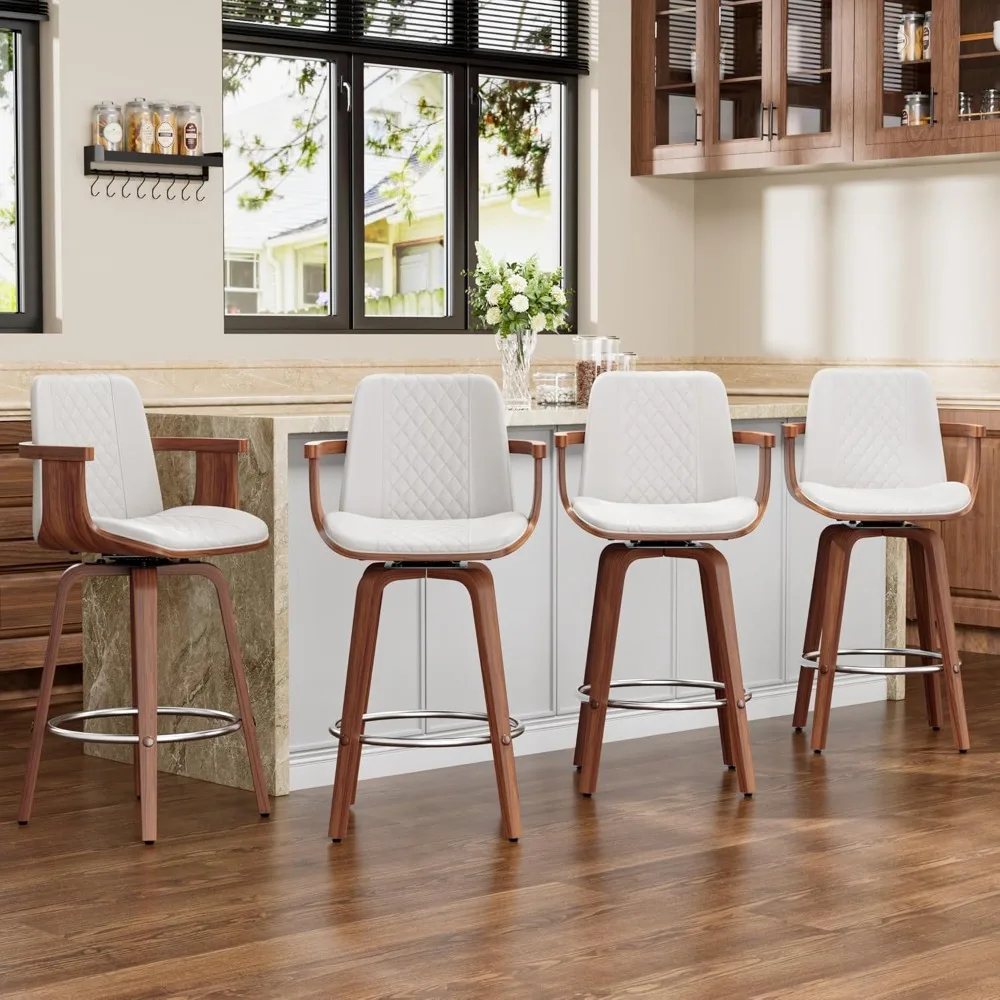 Bar Stools Set of 4 with Wooden Arms & High Back Mid Century PU Leather Modern Counter Height Swivel Bar Chairs