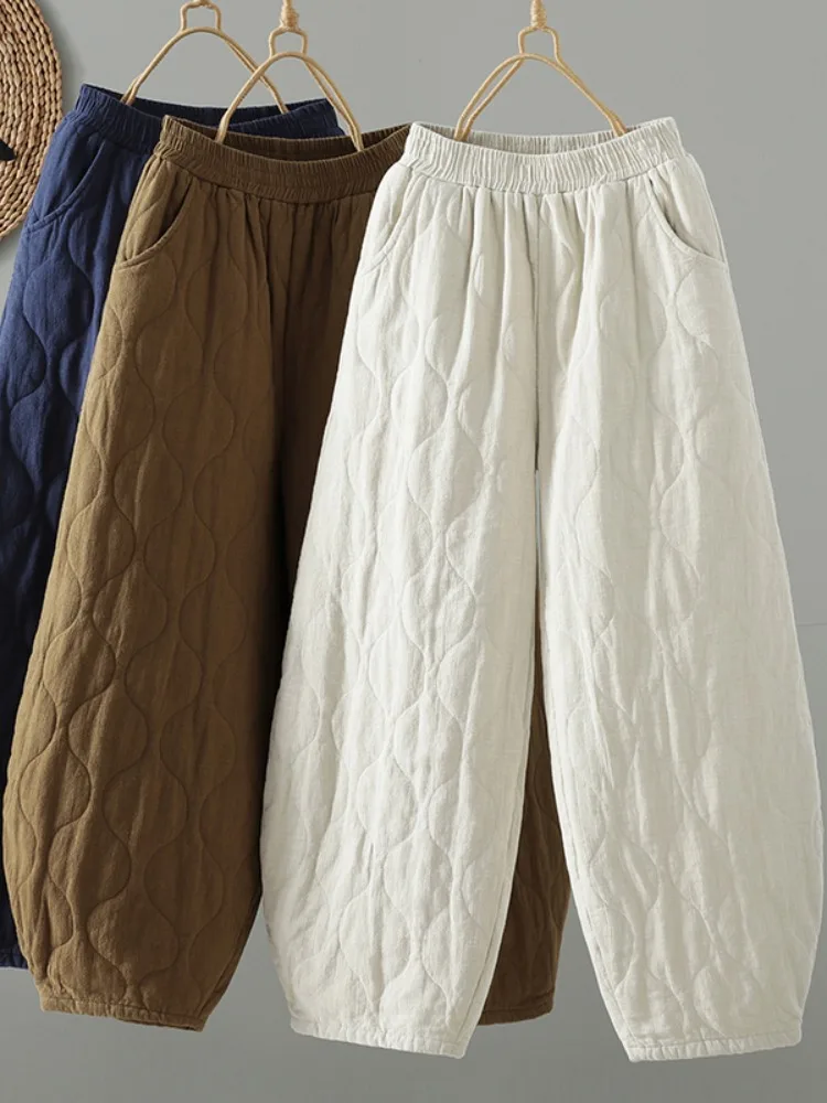 

Хлопковые и льняные брюки-фонарики в стиле ретро, женские зимние свободные брюки с эластичной резинкой на талии больших размеров, широкая верхняя одежда, хлопковые брюки с узором тыквы