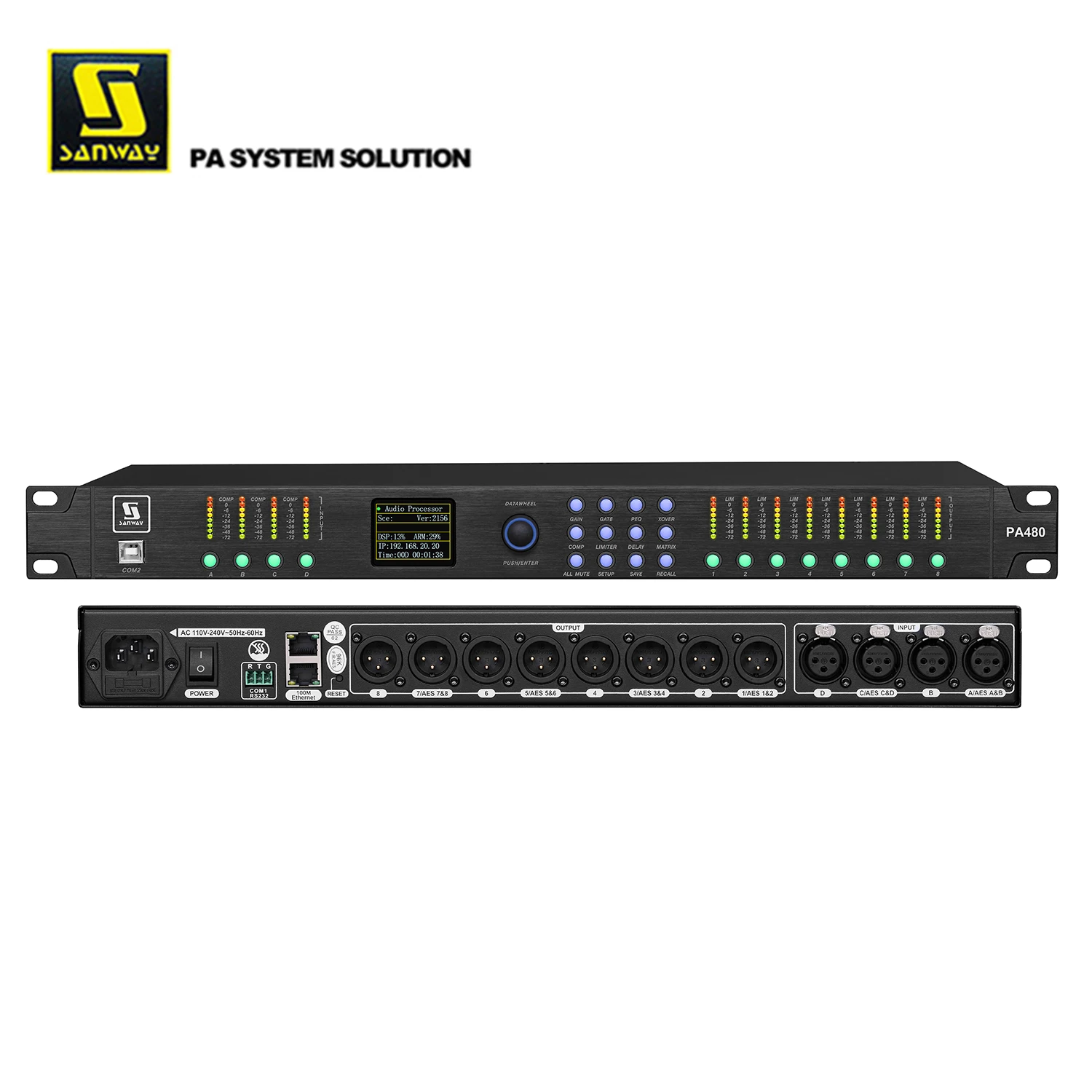 

PA480 4 Inputs 8 Outputs OEM Professional Audio 96KHz Digital DSP PFC Speaker Processor with FIR