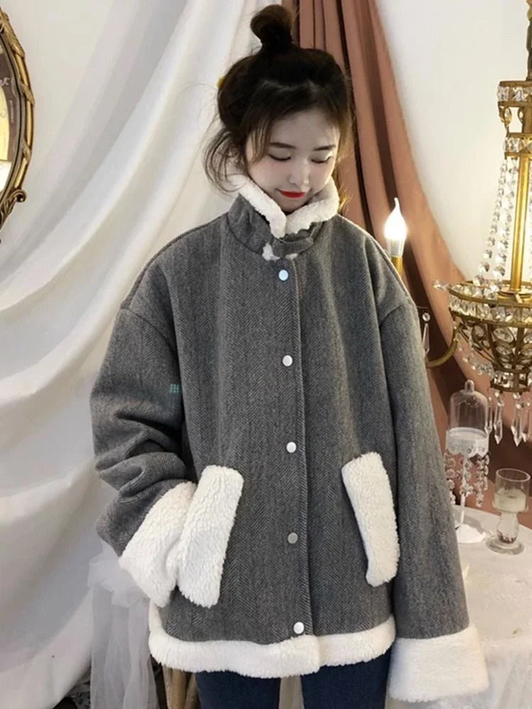 Streetwear Retro Faux Lamb Coats Harajuku Loose Women Patchwork Korean Jacket Simple Long Sleeve High Quality Outwear