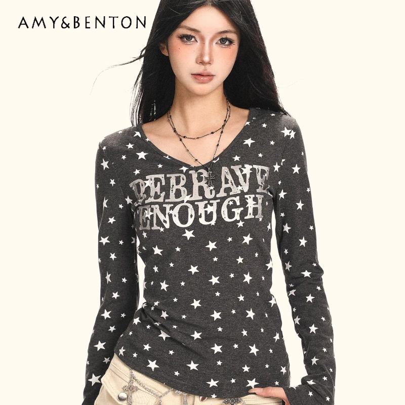

American Retro Hot Girl Letter Star Full Print V-neck Long Sleeve Women's Bottoming Shirt Autumn New Versatile T-shirt Ladies