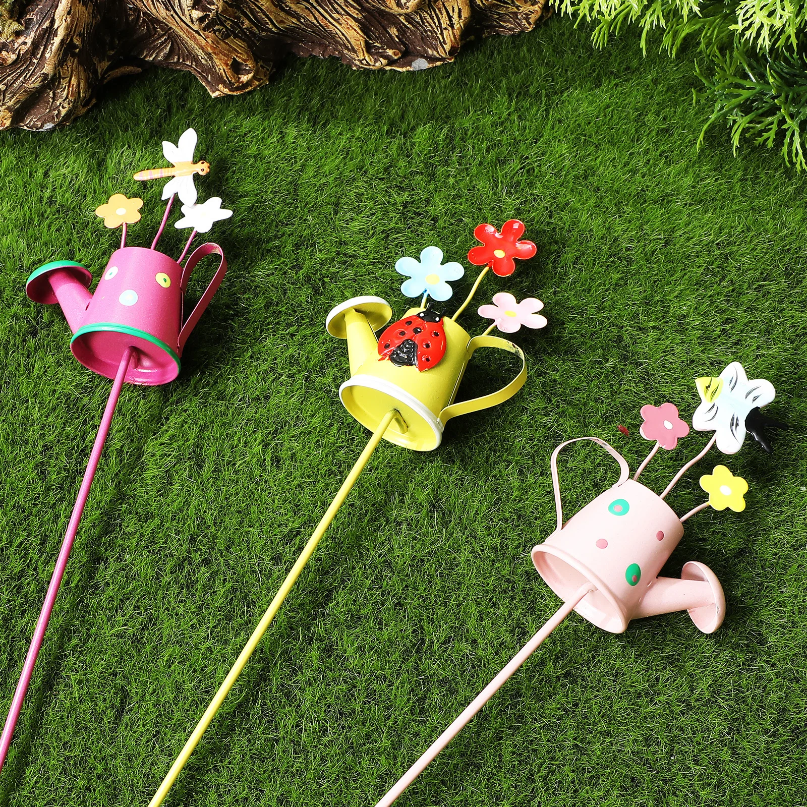 

3Pcs Decorative Metal Garden Stakes Mini Watering Can Charm Planter Stakes Outdoor Lawn Plant Decorations Garden Decor