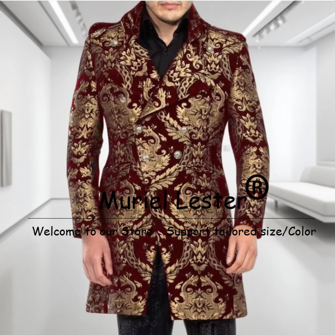 

Gothic Red & Gold Men's Trench Coast Long 1 Piece Man Banquet Dinner Party Prom Blazers Customized Groom Tuxedos Costume Homme