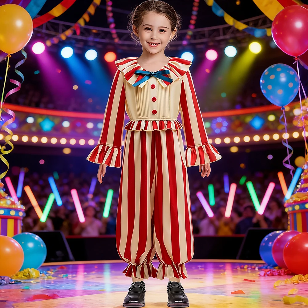 Halloween Lustige Clown Cosplay Kostüm Für Kinder Rot Gestreiften Overall Jungen Mädchen Party Kleider Up Rüschen Mädchen Kleidung Outfits