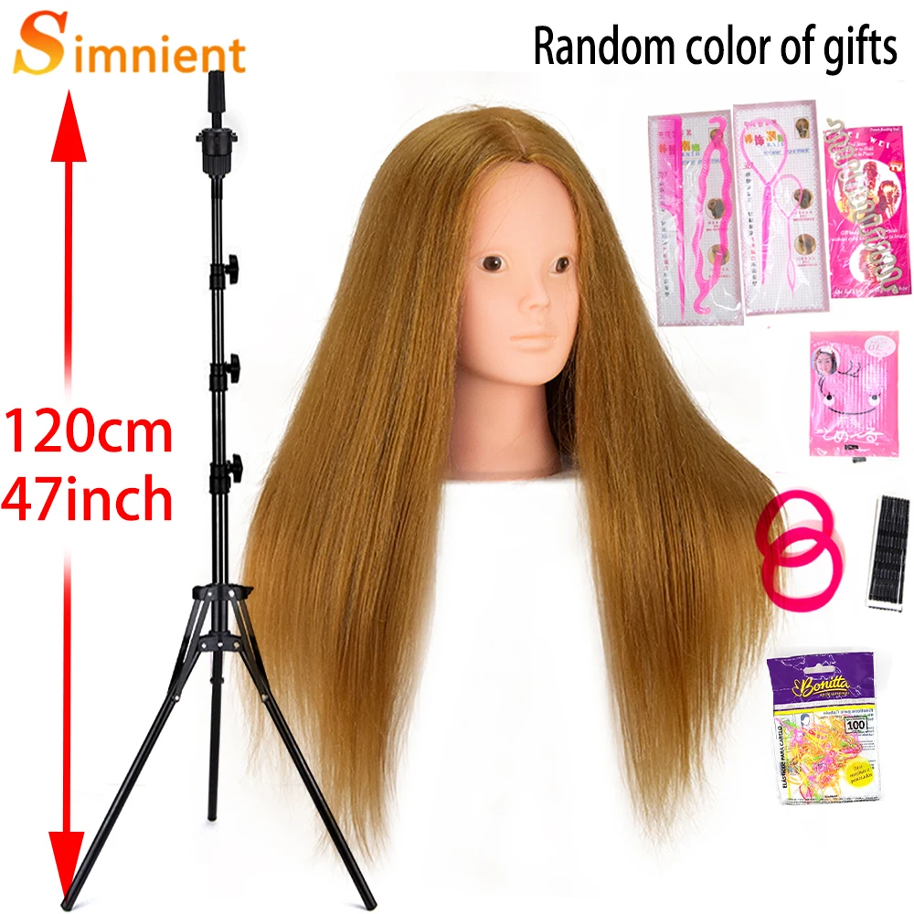 Kepala manekin rambut panjang, kepala manekin baru dengan 80% rambut asli latihan latihan kepala tata rias manekin boneka kepala Wig berdiri Tripod