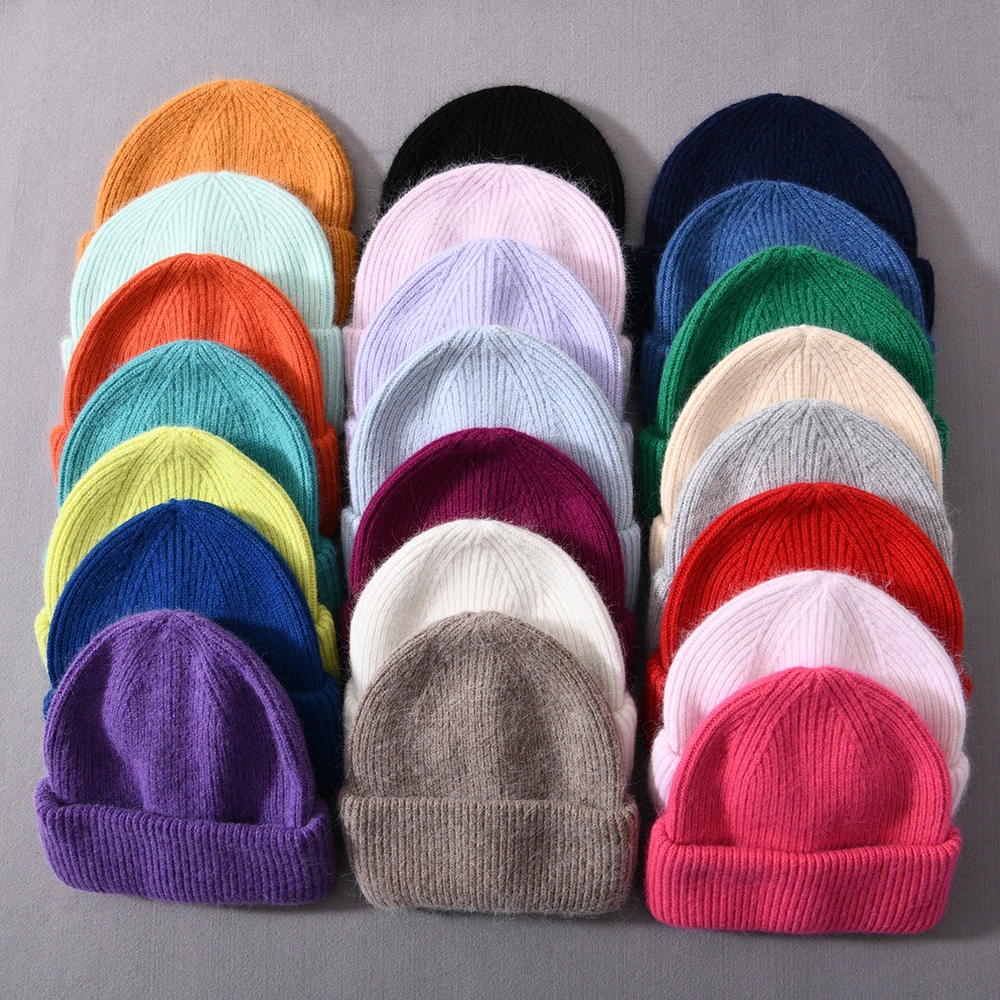 

Luxyonuo Winter Hat for Women Real Rabbit Fur Fluffy Cashmere Wool Knitted Beanies Skullies Female Three Fold Warm Thick Striped