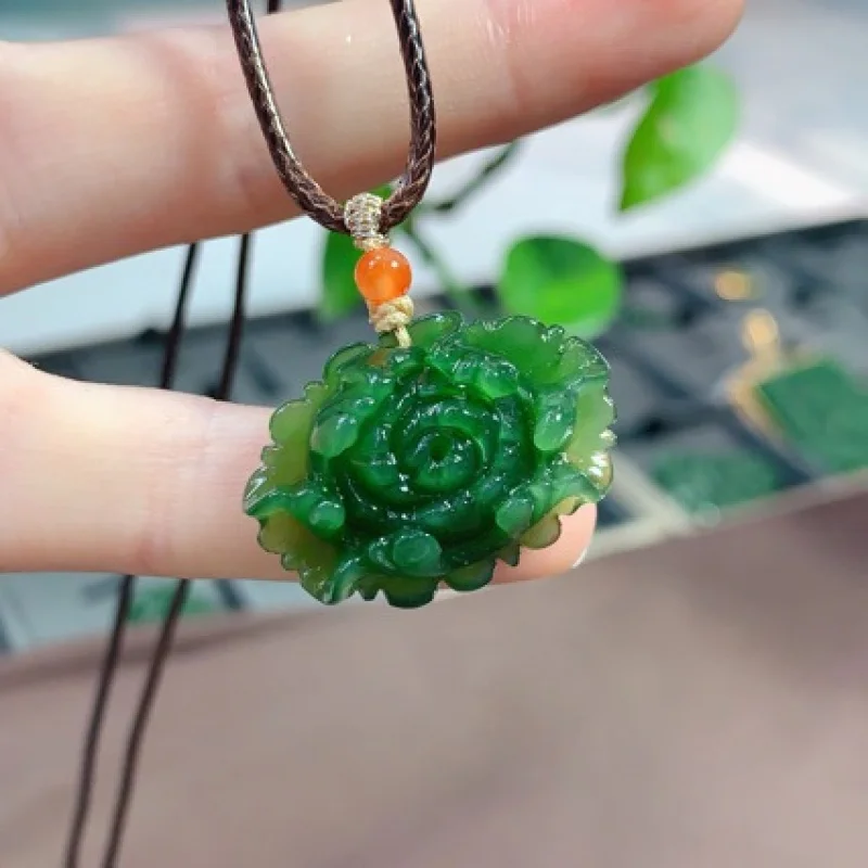 Hetian Jade Jasper Old Material Spinach Green Peony Flower Pendant Women