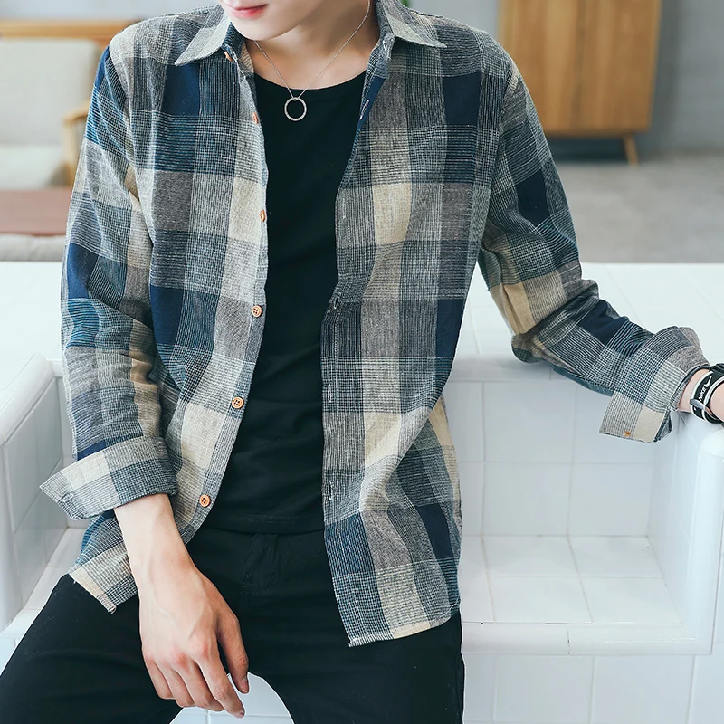 Men's Loose Plaid Shirt Jacket Summer Long Sleeve Thin Style Korean Version Fashionable Casual Top Sharp Collar Youth 