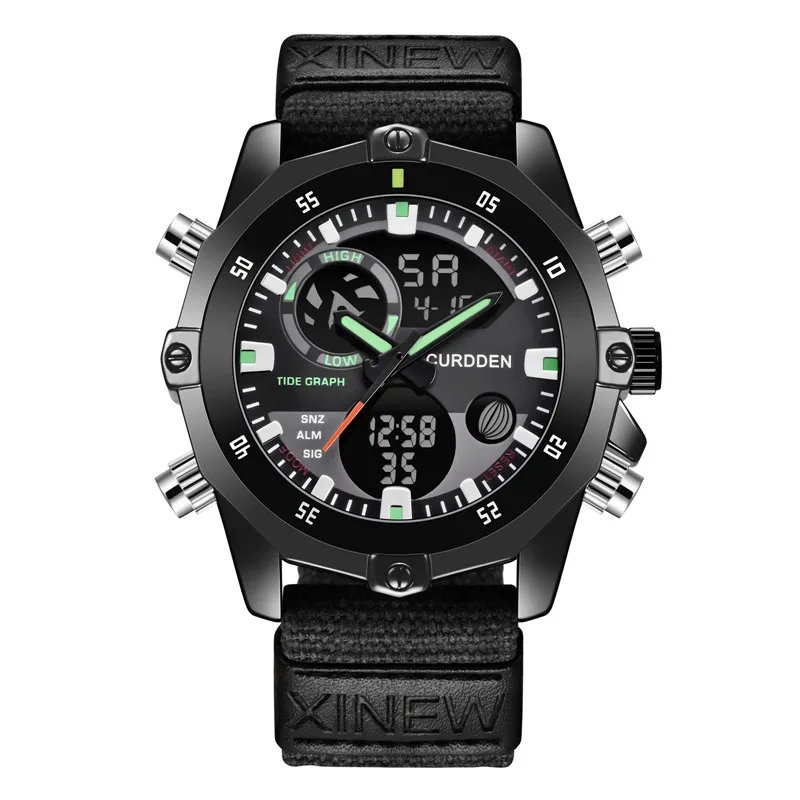 Men Genuine CURDDEN Dual Time Watches Fashion Nylon Band Multi-function Chronograph Sports Army Digital Watch Relogio Masculino