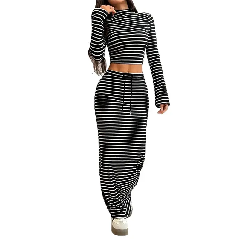 

CYL-Women's Stripe Ptint Fall/Winter 2 Piece Set High Neck Long Sleeve Crop Top Lace-Up Maxi Skirt Casual Vacation