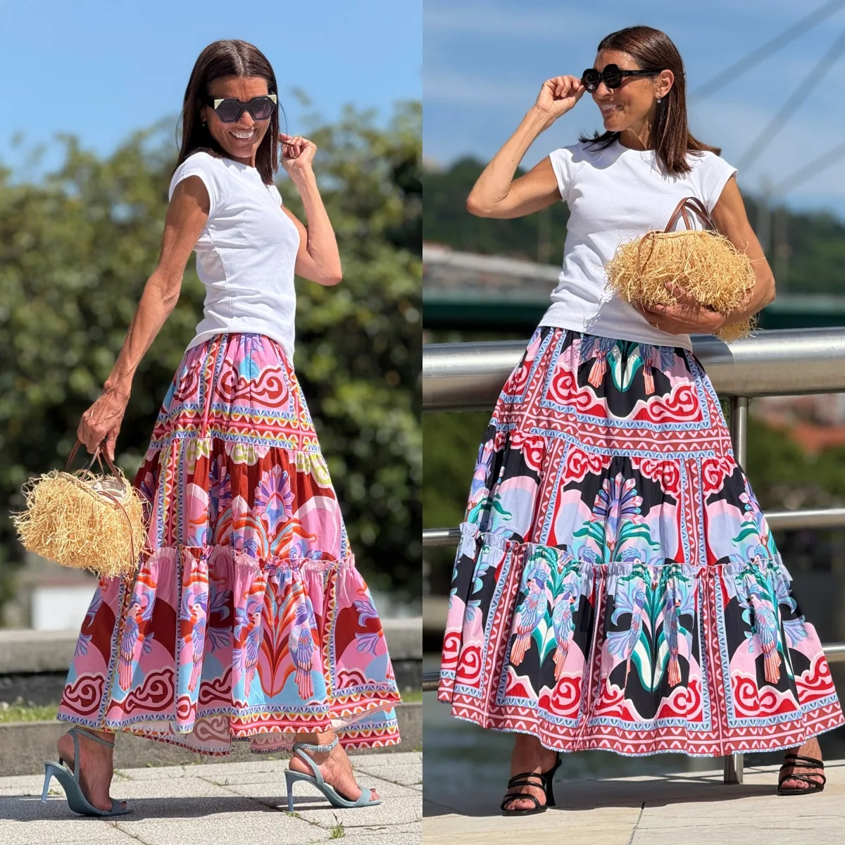 Summer New Half Skirt Printed Long Half Skirt Women's Vacation Style Beach Saias Feminina