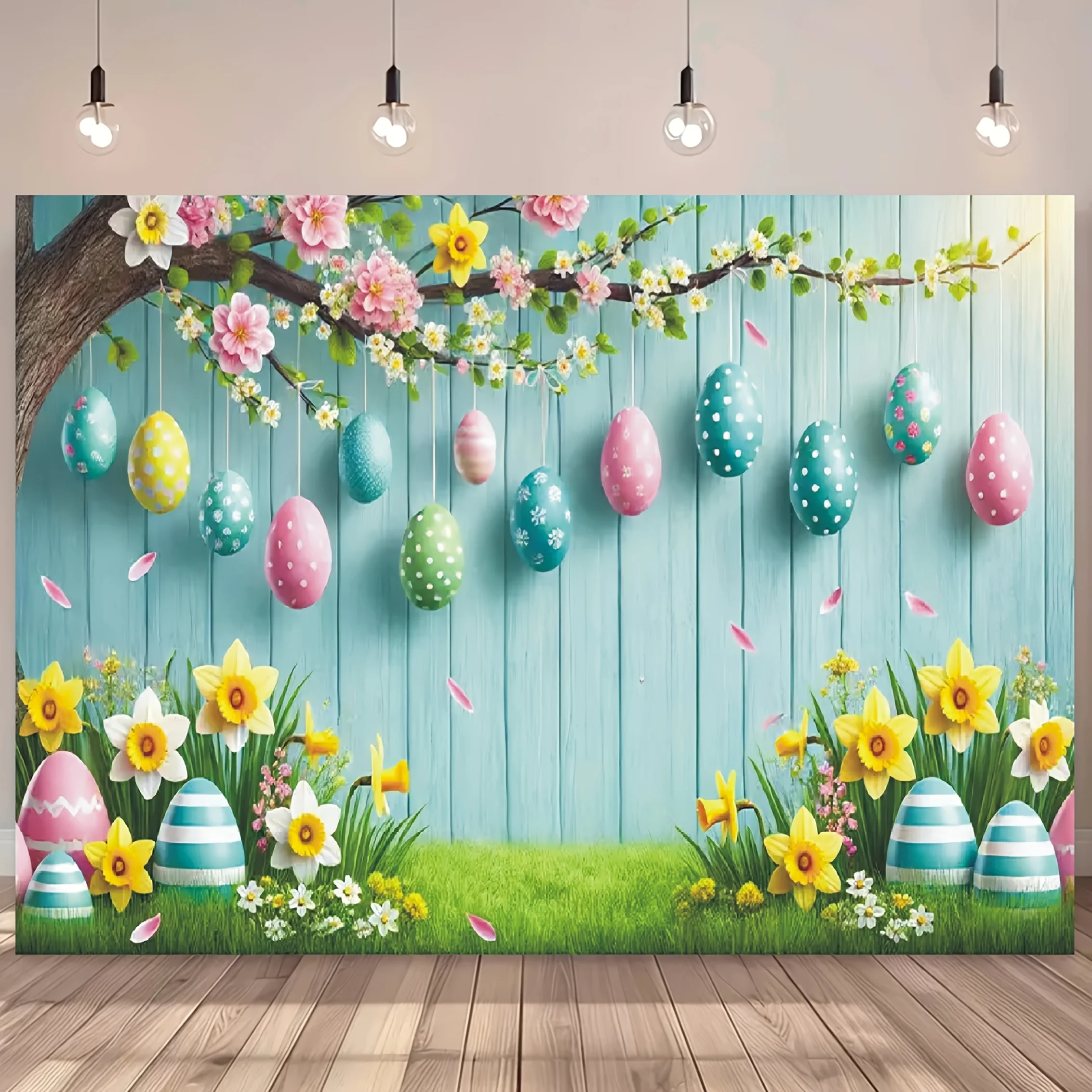 1 telón de fondo grande para fiesta de huevos de Pascua con diseño de panel de madera azul turquesa y huevos pastel, pancarta de primavera de vinilo para decoraciones,