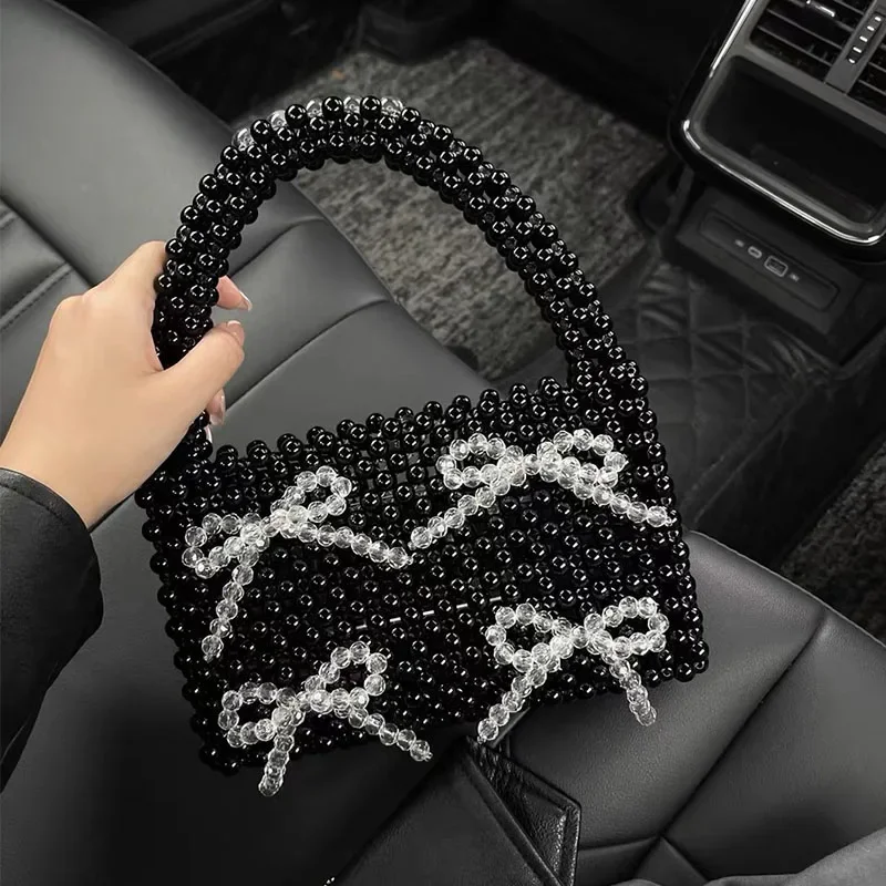 

Personalized Bow Design Women's Handbag Bags for Women Fashion Black Handwoven Beaded Ladies Bag 2024 New Luxury Handbags