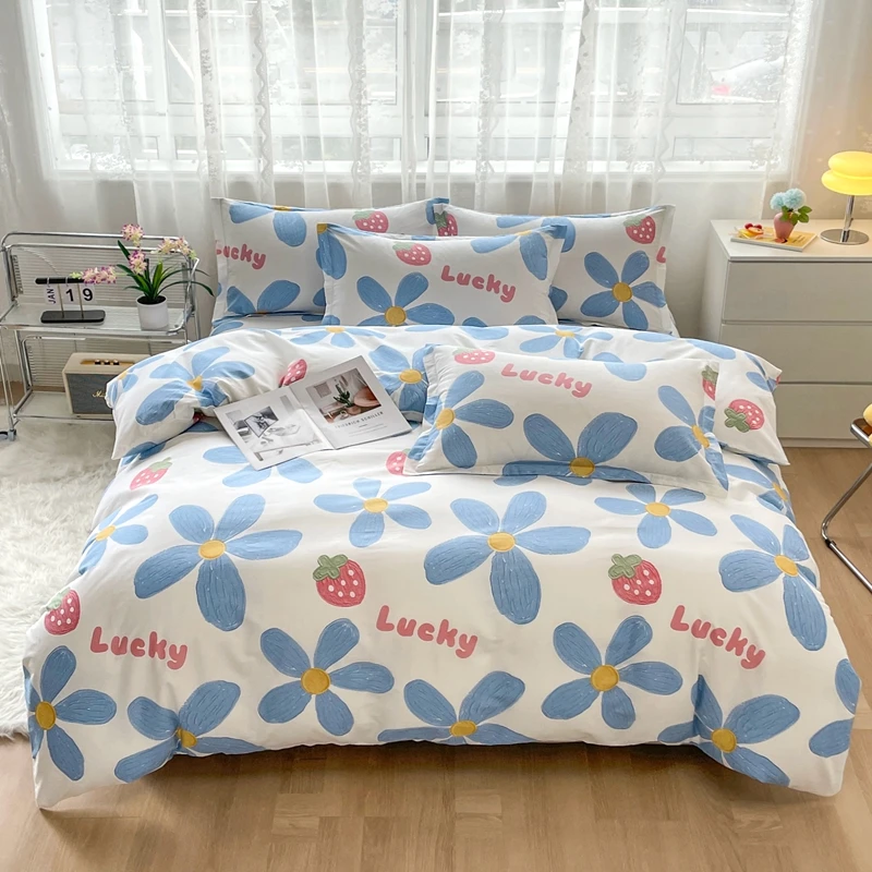 Blue Flowers Duvet Cover Floral Design Decorative Cotton Bedding Set Soft Breathable Comforter Cover for Guest Bedroom and Dorm