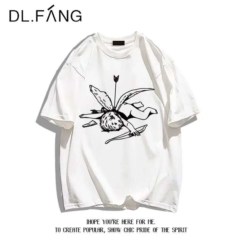 Women's Pure Cotton Fashion T-shirt Summer American Retro Cartoon Personalized Print Top Short Sleeved Lady Basic Round Neck Tee