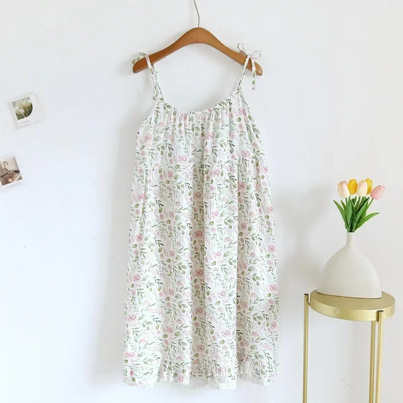 Cool Clothes Home Sleepwear Women Summer Sling Pajamas Floral Chest With Pad Cotton Printing Dress Nightgown Feeling For