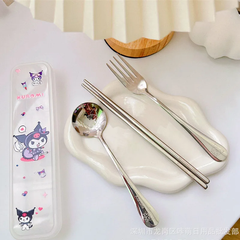 

Stainless steel tableware set of 3 pieces. Kuromi spoon, fork and chopsticks set. PC dog student portable tableware.