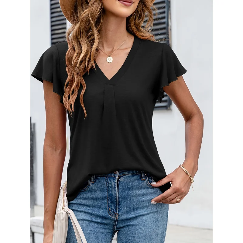 

Womens Tops Dressy Casual Summer Flutter Sleeve-Shirts Ruffle Short Sleeve Loose Tunic Tops