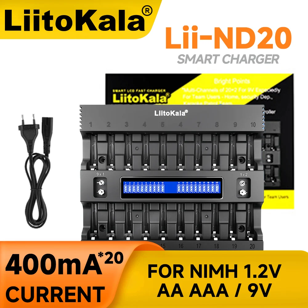 

LiitoKala Lii-ND20 20-Slot AA AAA 1.2V LCD Display Smart Fast Battery Charger Multiple Protection For NiMH Battery Charger