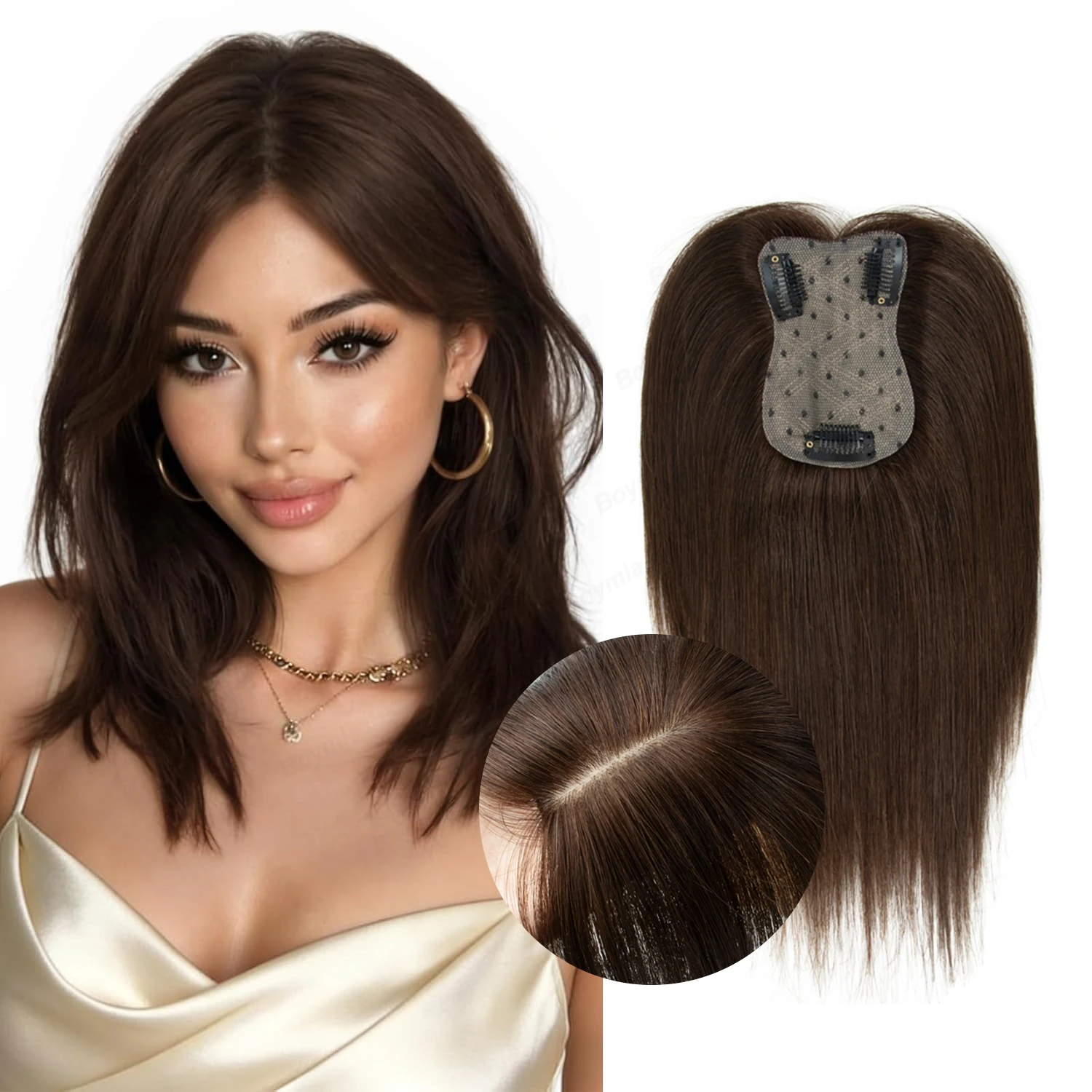 Compléments capillaires en cheveux naturels pour femmes, sans frange, noués à la main, base en soie fine 7 * 11 CM, légers, à clipser, en cheveux Remy