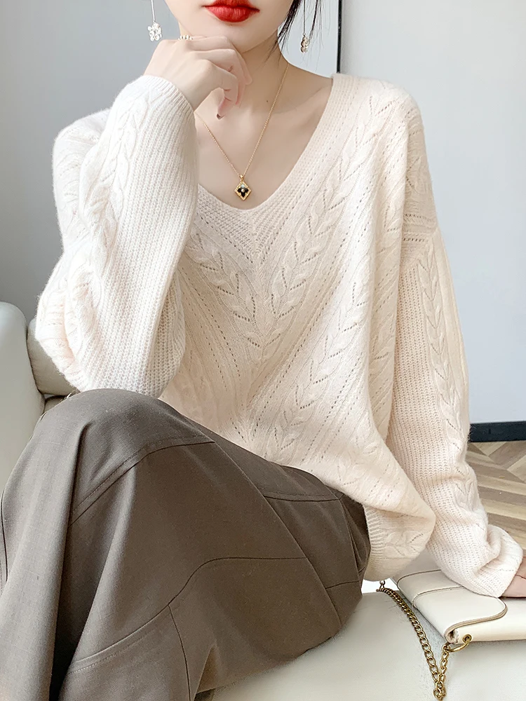 

Модный шерстяной свитер с v-образным вырезом, однотонный вязаный крючком женский вязаный шерстяной свитер, осенние и зимние толстовки, базовая модель, пуловер