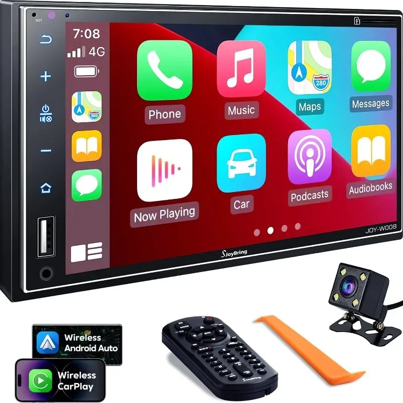 ستيريو سيارة مزدوج الدين مع Carplay لاسلكي، Android Auto، شاشة لمس سعوية عالية الدقة 7 بوصة - بلوتوث،