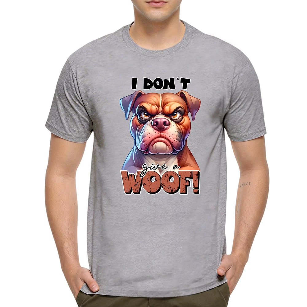 Mens 100% Cotton T Shirt I Dont Give A Woof Grumpy Bulldog Funny Cartoon Dog Slogan Print Breathable Short Sleeve Daily Wear